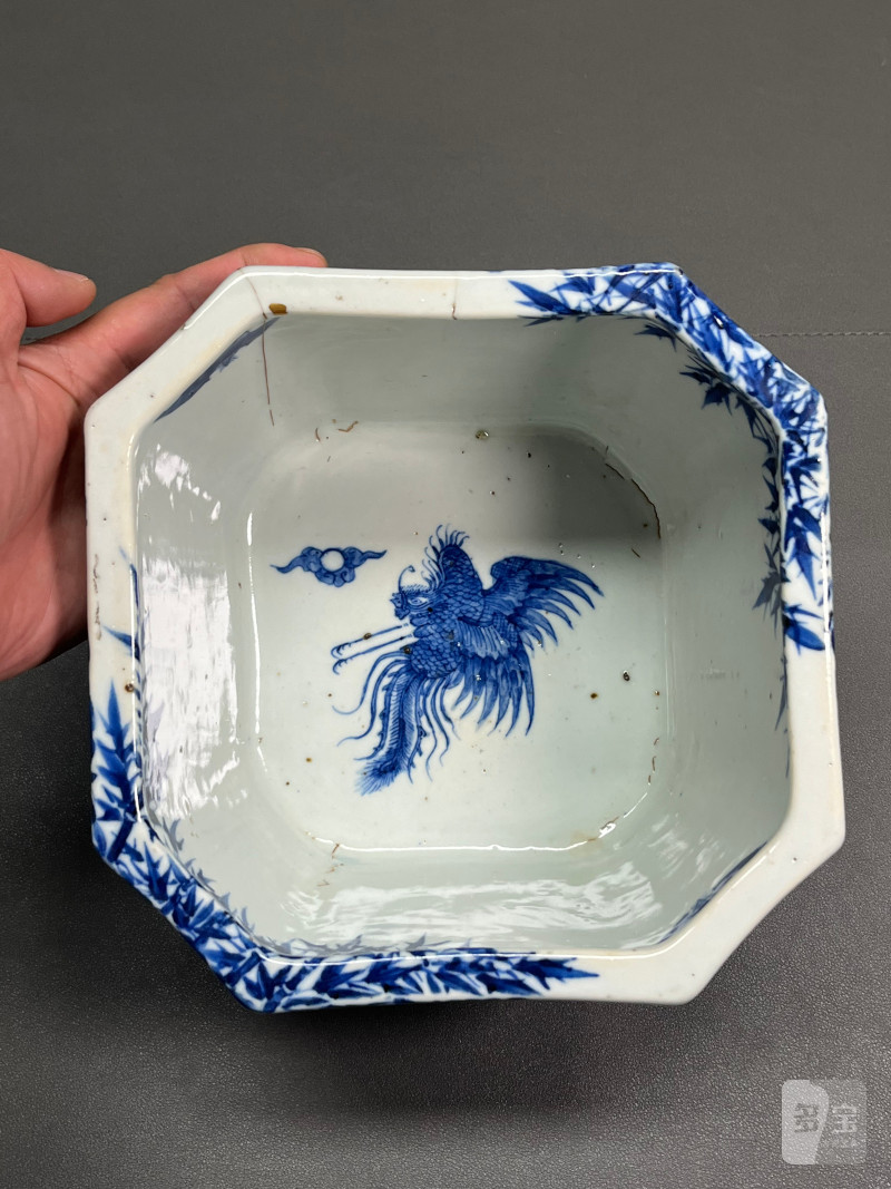 清道光  青花“五客图”诗文八方水指（带日本茶道配盖） - 图14
